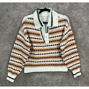 Freshman Sweater Womens Medium White Multi V Neck Collared Preppy NWT